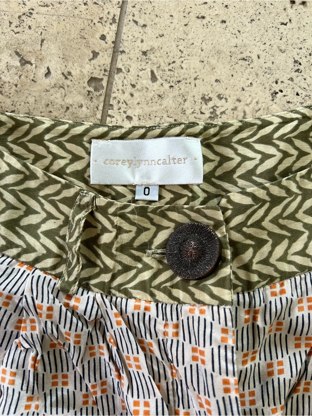 Corey Lynn Calter Olive, Cream & Orange High-Waist Printed Shorts